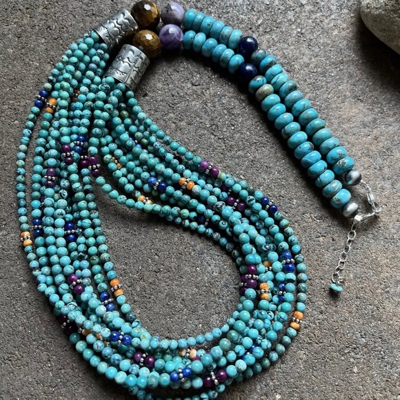 Sterling Silver Multi Strand Multi Stone Turquoise Bead Necklace. 30 inch - Picture 2 of 12